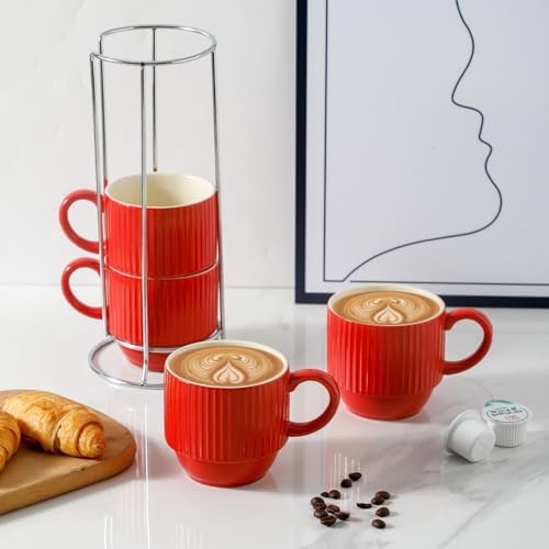 Hasense 12 Oz Coffee Mugs Set of 4 with Rack, Red Stackable Coffee Cups Ceramic, Modern Ribbed Latte Cup Sets for Cappuccino, Tea, Espresso, Hot Cocoa, Drinks - Dishwasher & Microwave Safe