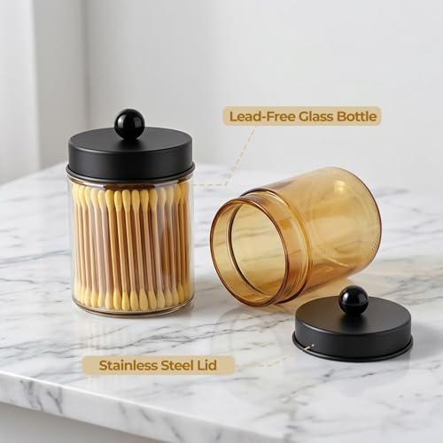 Amolliar Amber Glass Apothecary Jar Qtip Holder Metal Lids 4pc/Amber-black