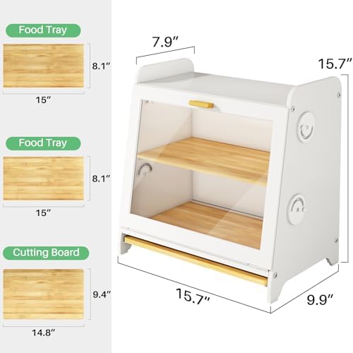 SNTD Airtight Bread Box for Kitchen Countertop, Bamboo Cutting Board, White
