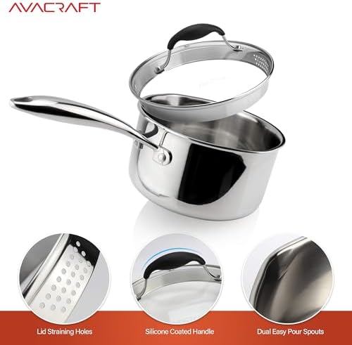 AVACRAFT Tri-Ply Stainless Steel Saucepan with Glass Strainer Lid, Two Side Spouts, Ergonomic Handle, Multipurpose Sauce Pan with Lid, Sauce Pot, Cooking Pot (Tri-Ply Full Body, 2.5 Quart)