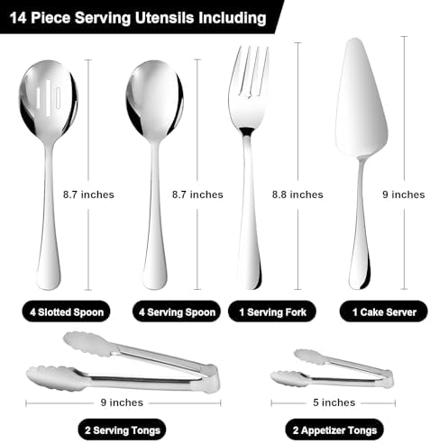 14PCS Serving Utensils - Hostess Serving Utensils Set, Premium Stainless Steel 8.7 inch Serving Utensils, Slotted Spoons, Fork, Tongs, Cake Pie Server for Buffet, Wedding, Dinner (Silver)
