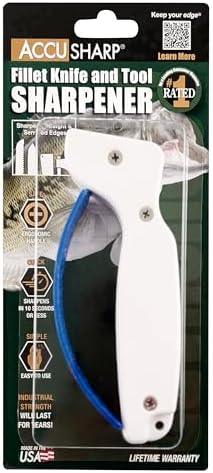 AccuSharp Knife & Tool Sharpener, Restores, Hones & Sharpens Straight & Serrated Knives, Hand-Held Tungsten Carbide Sharpening Tool, White & Blue, 1 Pack