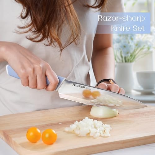 Astercook Kitchen Knife Set with Block and Sharpener 15 Piece German High Carbon Stainless Steel Sharp Blade Dishwasher Safe with Ergonomic Handle, Delicate Blue