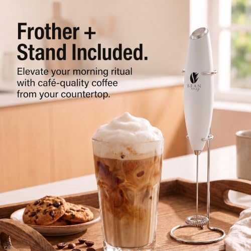 Bean Envy Milk Frother Handheld - Coffee Mixer Wand with Stand - White