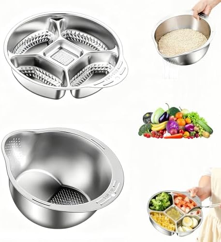 Rice Washer Strainer Bowl with Vegetable Divider Tray, Stainless Steel Rinser Washing Bowl, Small Colander Rice Strainer Versatile Kitchen Tool for Quinoa, Vegetables, Fruits, Beans Cleaning