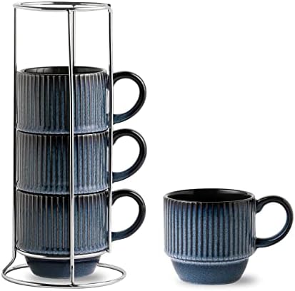 Hasense Navy Coffee Mugs Porcelain Set of 4 with Rack - 12 oz Stackable Coffee Cups Ceramic, Modern Ribbed Latte Cup Sets for Cappuccino, Tea, Espresso, Hot Cocoa, Drinks - Dishwasher & Microwave Safe