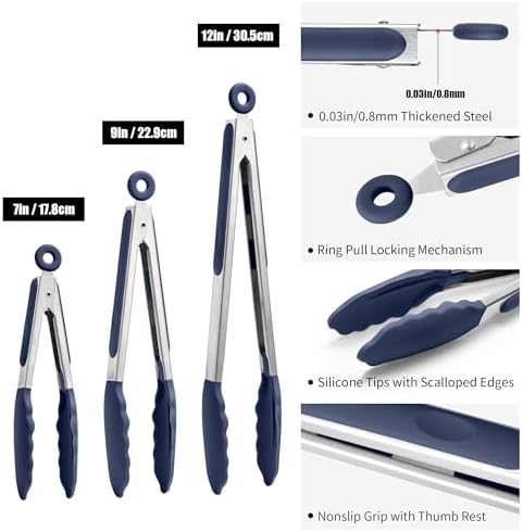 Doosu Kitchen Tongs with Silicone Tips for Cooking Serving (3Pcs, Navy)
