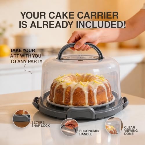 10in Buntz Cake Pan Non Stick & 12in Cake Carrier with Lid-Handle, Gray