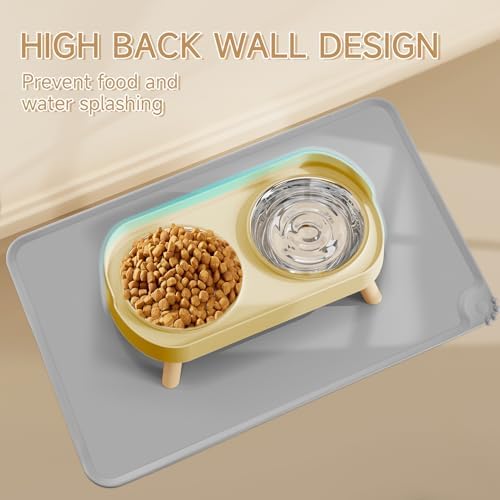 Elevated Cat Bowl with Food Mat, Raised Cat Food and Water Bowl Set for Indoor Cats, Splash Proof with 2 Stainless Steel Pet Food Bowls for Cat and Puppies,Whisker Fatigue and Dishwasher Safe (Yellow)