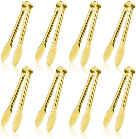 8PCS Gold Metal Tongs, 9" Stainless Steel Serving Tongs, Small Kitchen Accessories for Appetizer, Ice, Sugar Cube, Salad, Toaster, Desserts (Gold, 9 INCH)