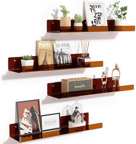 upsimples 4 Pcs 15" Acrylic Shelves for Wall Decor and Display, Brown