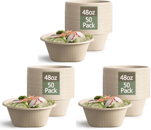Homestockplus Large Disposable Bowl - Heavy Duty Paper Bowls - Made from Sugarcane and Bamboo Fiber, Microwave Safe - 48 Oz Paper Bowls for Soup, Salad, Ramen, Popcorn, etc.[50/Pack] (Pack of 3)