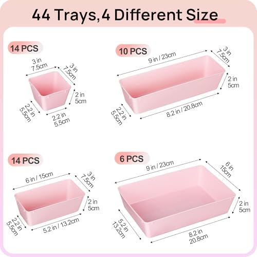 Vtopmart 44 PCS Plastic Drawer Organizers Set, Vanity Organizer Trays, Pink