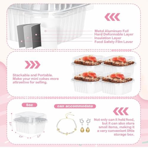 30Pack 5oz White Mini Cake Pans with Lids, Spoons and Stickers Baking Cups Aluminum Foil Pans Tins, Individual Dessert Cups Containers for Sales,Party,Picnics