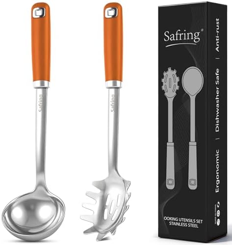 Safring Stainless Steel Soup Ladle and Spaghetti Spoon Set, Heat Resistant Rubber Handle, Dishwasher Safe, Kitchen Utensils for Cooking, Stirring, Serving Pasta, Soup & Sauce (Orange)