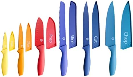 MasterChef Kitchen Knives Set with Covers incl. Paring, Boning, Carving, Bread, Santoku & Chef Knife, Sharp Cutting Stainless Steel Blades with Sheaths, 12 Piece (6 Colored Knives & 6 Covers)