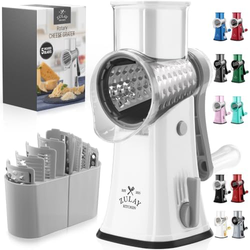 Rotary Cheese Grater Manual Hand Crank 5 Blade Shredder, White & Gray