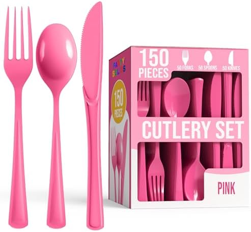 Party Solids Hot Pink Plastic Silverware 150 Pcs Hot Pink Cutlery Set