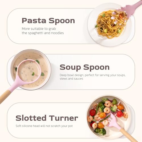 Astercook Kitchen Utensils set, 39 PCS Silicone Cooking Utensils Set with Wooden Handle, 446°F Heat Resistant Food Grade Utensil Sets, BPA Free Kitchen Gadgets Tools Set for Nonstick Cookware (Pink)