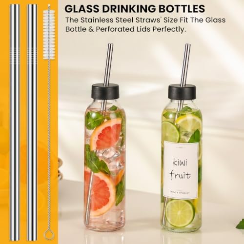 [UPGRADED LID] 8 Pack 18 oz Glass Juice Bottles with 8 Airtight Lids &2 Straw Hole Lids &2 Straws, Reusable Drinking Jar, Clear Water Bottles for Juicing, Smoothies, Refrigerator & Travel - BPA Free