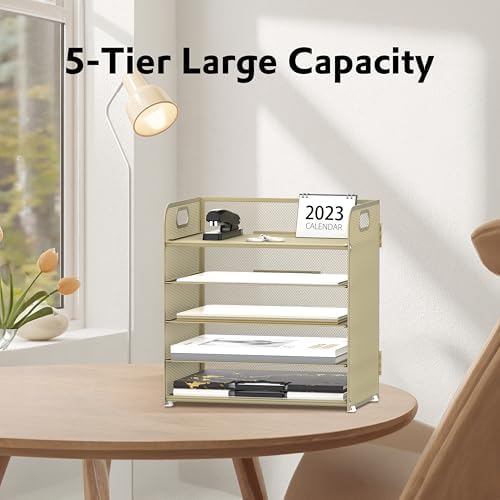 Supeasy 5 Trays Paper Organizer Letter Tray with Handle-Mesh Desk File Organizer,Pink Paper Sorter Desk Organizer for Office, Home or School (Gold Yellow)