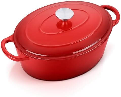 E-far 7QT Oval Dutch Oven Pot with Lid, Red Enameled Cast Iron Dutch Oven