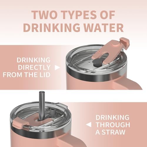 40 oz Tumbler with Handle,Tumbler with Lid and Straw,Double Wall Insulated Cup Stainless Steel Travel Mug(Cold for 34 Hours),Water Bottle for Iced Tea,Coffee,Cold Beverages(Pink)