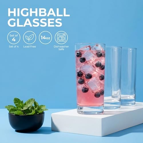Godinger Drinking Glasses, Tall Highball Glasses Set of 4, Made in Italy