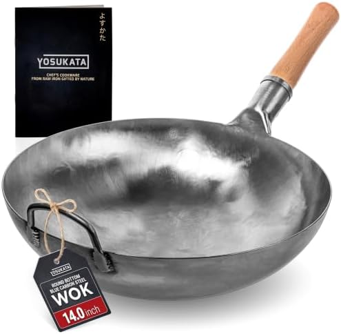 YOSUKATA 14” Silver Carbon Steel Wok with Round Bottom