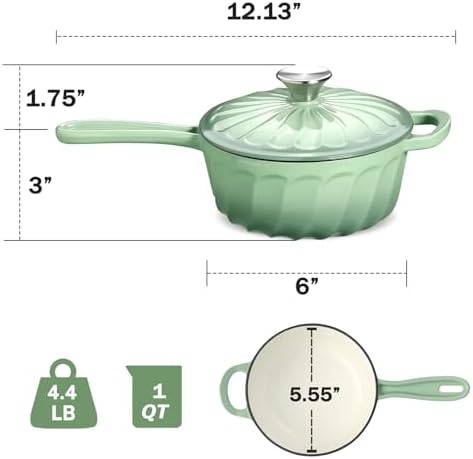 1 Quart Saucepan with Lid, Enameled Cast Iron Sauce Pan, Heavy Duty Small Pots for Cooking Pasta Sauce, Soup, Milk, Oven Safe up to 500°F (Fig Green)