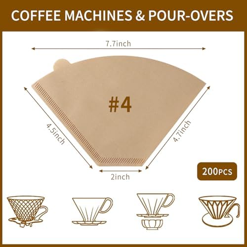 200 Count Coffee Filters #4, Cone Coffee Filter 8-12 Cup, Natural