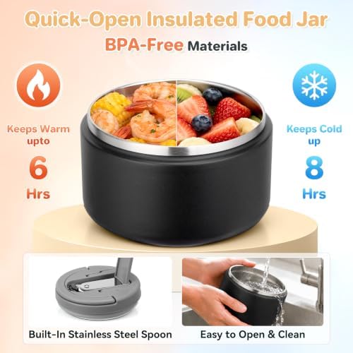 Bento Lunch Box for Kids with 8oz Soup Thermo,Kids Leakproof Lunch Food Containers with 4 Compartment,Kid Insulated Thermo Hot Food Jar for School,Trvael-Black