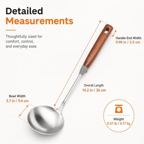 WANGYUANJI 14.2 Inch Stainless Steel Soup Ladle, Deep Wok Ladle Spoon with Wooden Handle and Pot-Rim Stopper, Long Handle Serving Scoop for Soup, Hot Pot, Stew and Chili