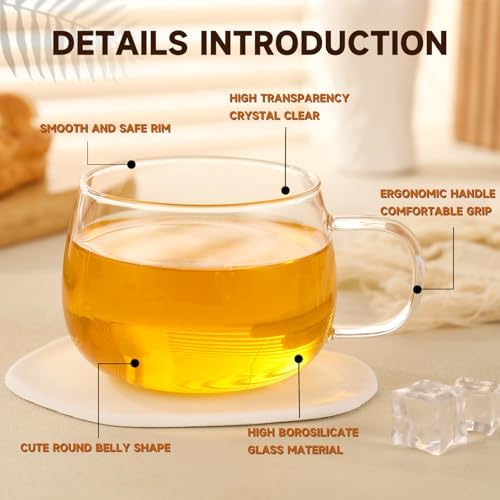 Glass Tea Cups Set of 2, Clear Borosilicate Glass Teacups with Handle for Tealover, Dishwasher & Microwave Safe Large Coffee Mugs for Espresso Cappuccino Latte Juice, 12OZ/360ML