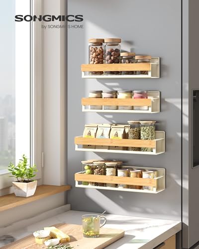 SONGMICS 4-Pack Strong Magnetic Real Bamboo Spice Racks for Fridge