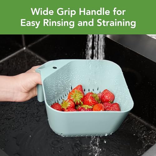 Tovolo Elements Square Colander with Handle Strainer Basket for Pasta Fruit Berries Veggies, Easy to Clean BPA Free Heat Resistant Plastic Colander with Spout 3 Quart Kitchen Strainer, Blue Haze