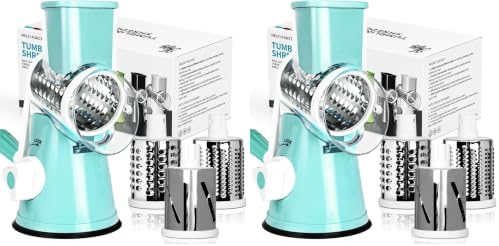 X Home Rotary Cheese Grater for Kitchen, Shredder with 3 Interchangeable Blades, Rotary Grater with Handle and Strong Suction Base, for Vegetables, Fruit, Nuts, Easy to Use and Clean, Blue (Pack of 2)