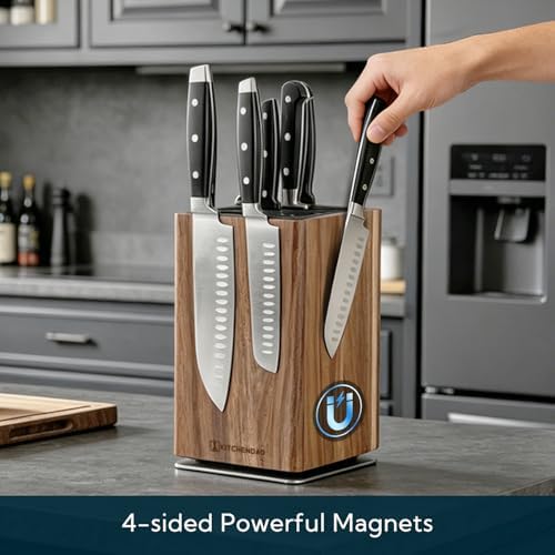 KITCHENDAO 360° Rotary Acacia Wood Magnetic Knife Block without Knives