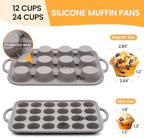 CAKETIME Silicone Muffin Pans for Baking, Metal Reinforced Frame Regular 12 Cups & Mini 24 Cups Cupcake Pan Set Nonstick Muffin Pan for Homemade Baking Easy to Handle