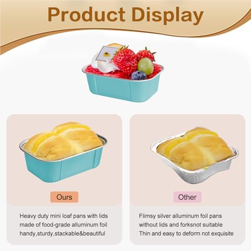 Mini Cake Pans With Lids And Spoons,5.5 oz Rectangle Mini individual Loaf Pans Disposable Aluminum Foil Small Baking Cups Tins (100, Wathet)