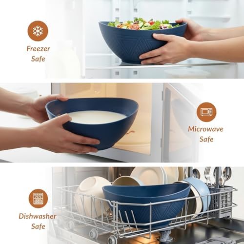 Homienly Wheat Straw Bowl Set of 6-60 OZ Large Salad Bowls,Microwave and Dishwasher Safe Bowl Set, Alternative for Plastic Bowls for Serving Soup,Popcorn Bowl for Kitchen - Blue