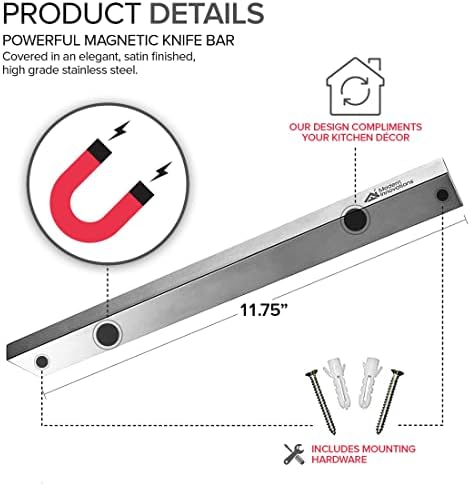 Modern Innovations Magnetic Knife Holder for Wall and Fridge - 12" Knife Magnetic Strip, Magnet Kitchen Knife Holder and Rack, Stainless Steel Magnetic Knife Bar for Kitchen Utensils