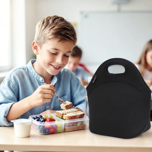 FlowFly Neoprene kids Lunch box Insulated Soft Bag Mini Cooler Thermal Meal Tote Kit for Boys, Girls,Men,Women,School,Work, Office,Black