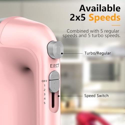 Hand Mixer Electric, 450W Kitchen Mixers with Scale Cup Storage Case, Turbo Boost/Self-Control Speed + 5 Speed + Eject Button + 5 Stainless Steel Accessories, For Easy Whipping Dough, Cream, Pink