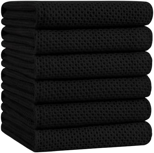 Homaxy 100% Cotton Oversized Waffle Weave Kitchen Towels 6-Pack, Black