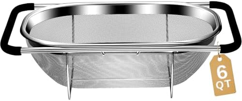 Over the Sink Colander - 6QT Strainers and Colanders - Stainless Steel Strainer - Expandable Sink Colander with Rubber Grip for Strain, Drain, Rinse Fruits, Vegetables, Home Kitchen Essentials