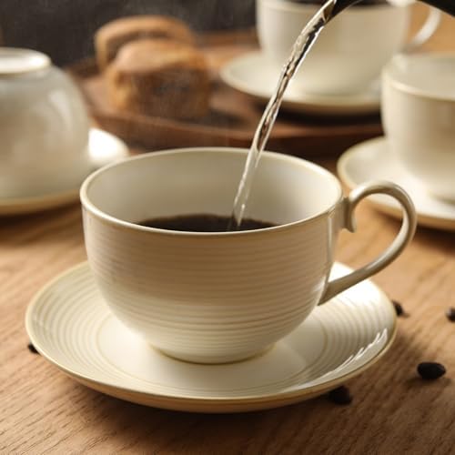 12Oz Coffee Cups with Saucers, Ceramic Cappuccino Cups Set of 4, Cappuccino Mugs Set, Tea Mugs and Saucer, Large Coffee Cup for Espresso, Latte, Microwave Dishwasher Safe Drinkware