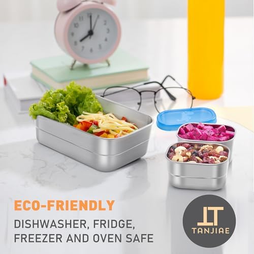 Tanjiae 3 CUP+1 CUP Stainless Steel Lunch Snack Containers Set | Leak Proof 304 Stainless Steel Food Containers with Silicone Lids - Perfect Metal Lunch Box for Home and Travel (25oz+8oz*2)