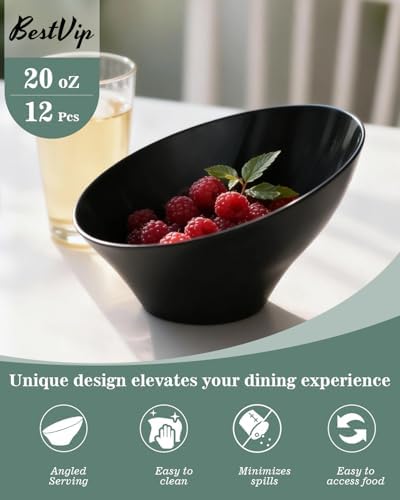 BESTVIP 20 Oz Black Plastic Angled Serving Bowls, 12 Pack