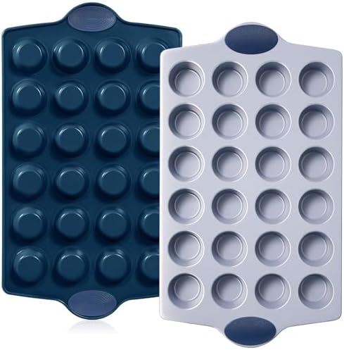 BRONYPRO Ceramic Mini Muffin Pan, 24-Cup Nonstick Aluminized Steel Mini Cupcake Pans, Healthy Non-Toxic Ceramic Coating Muffin Tin, 2 Pack Cup Cake Pans for Baking Blue